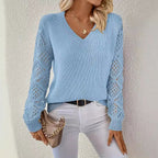 Elegant V-Neck Knit Sweater with Crocheted Sleeves
