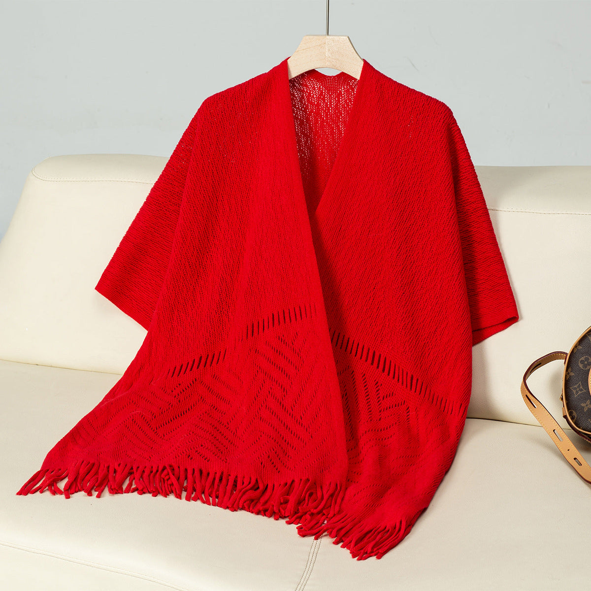 Elegant Knit Poncho with Fringed Details and Pattern