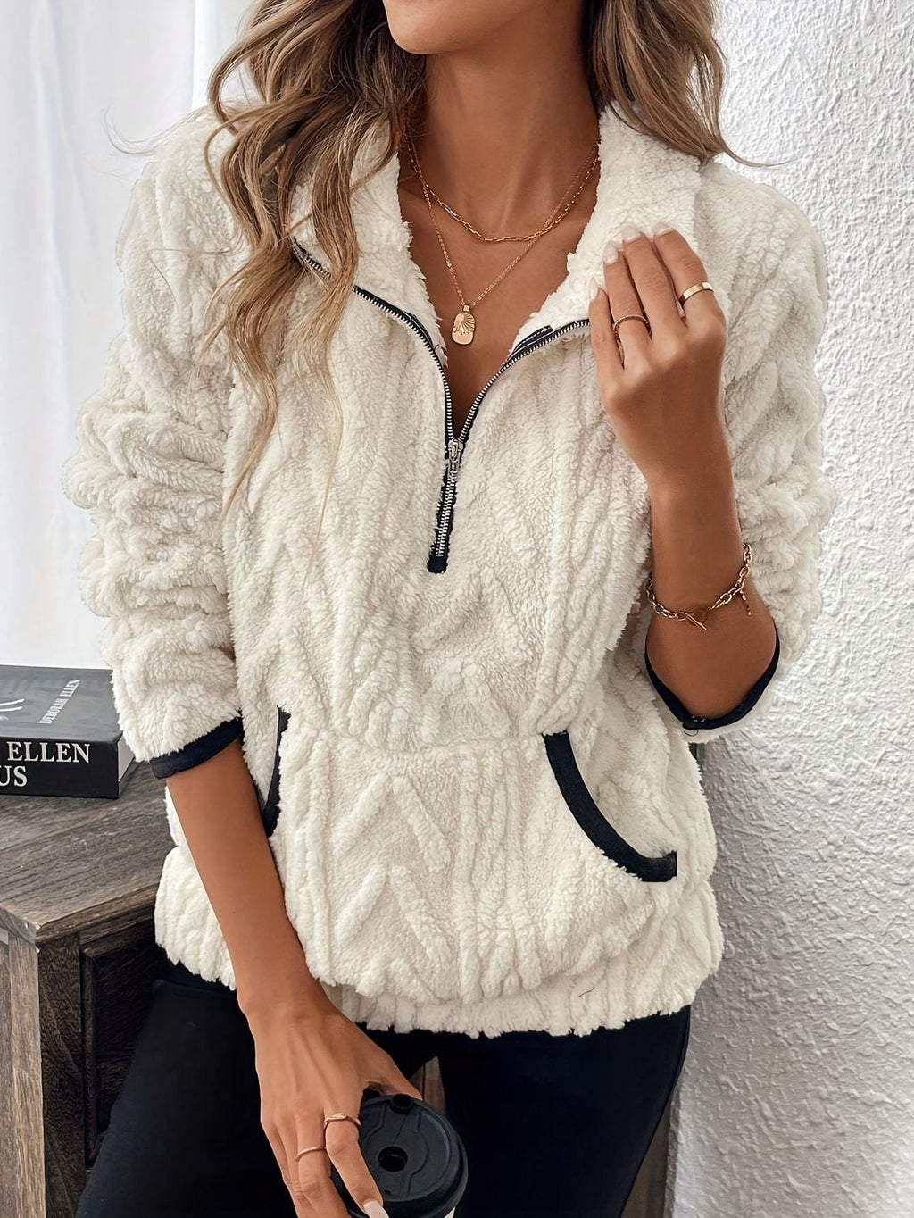 Women's Fleece Pullover in Modern Knit Design with Zipper