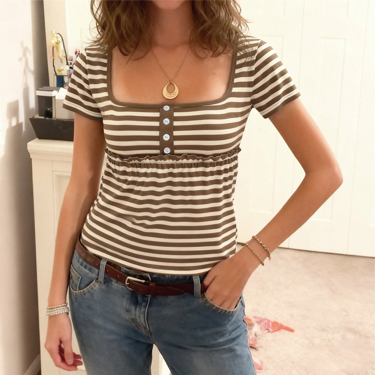 Women's Short-Sleeve Blouse with Gathered Hem and Button Placket