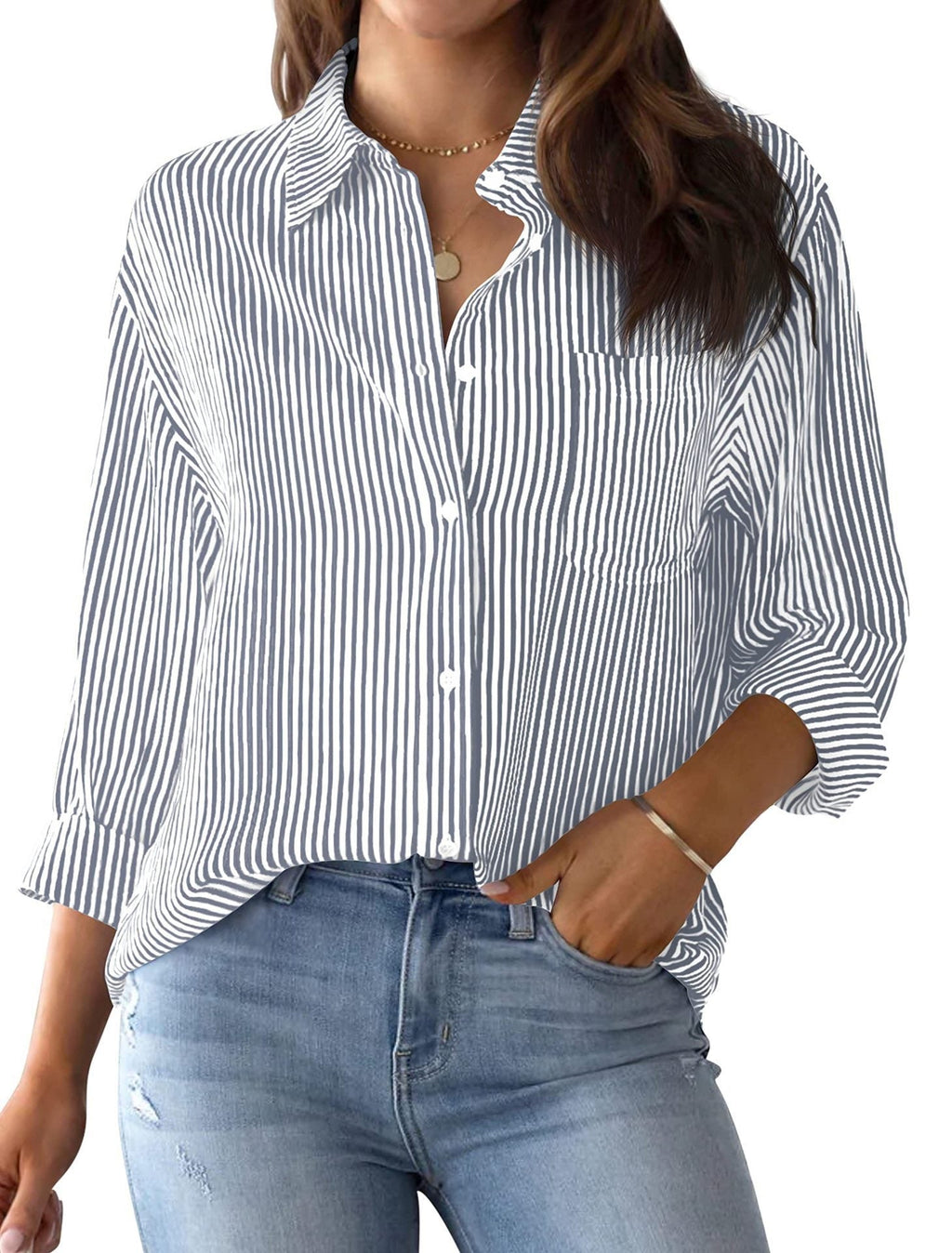 Women's Loose Striped Shirt with Chest Pocket and Roll-Up Sleeves