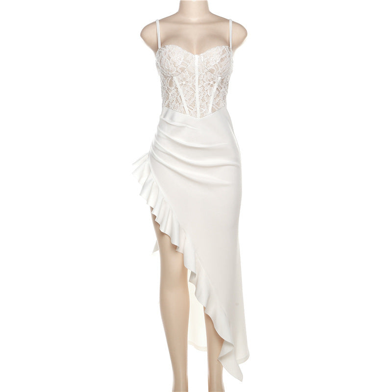 Women's Wedding Dress with Lace Bodice and Asymmetrical Ruffles