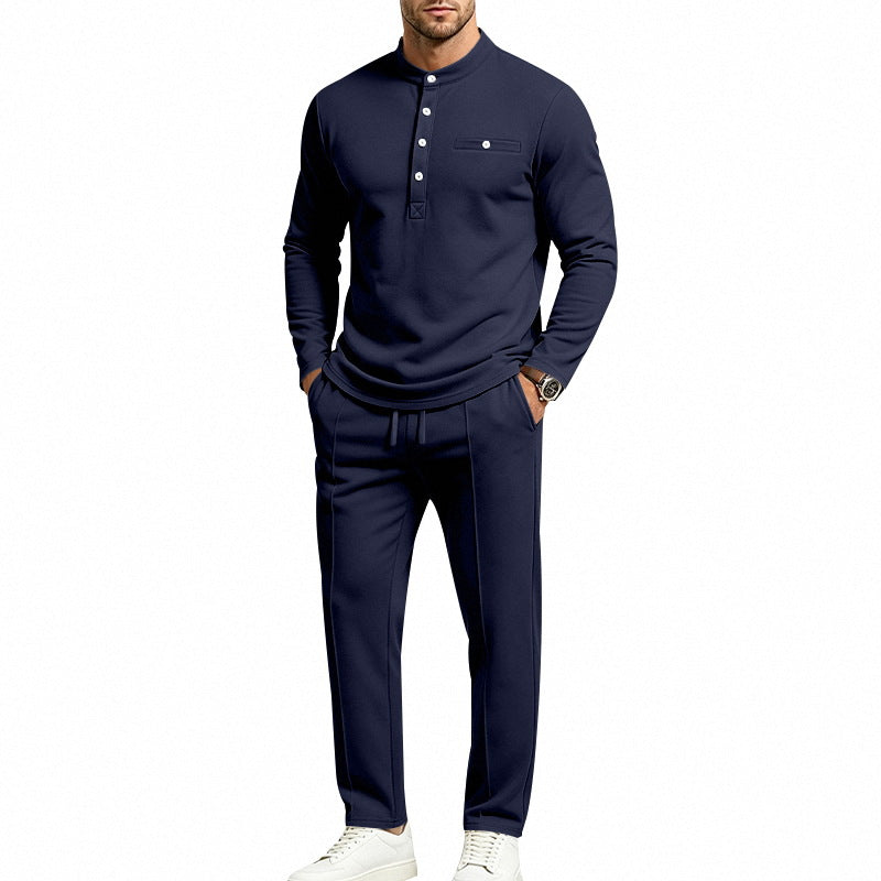 Men's Two-Piece Leisure Set with Henley Long Sleeve Shirt and Jogging Pants
