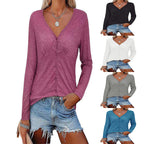 Women's Long-Sleeve Blouse with V-Neck and Button Details