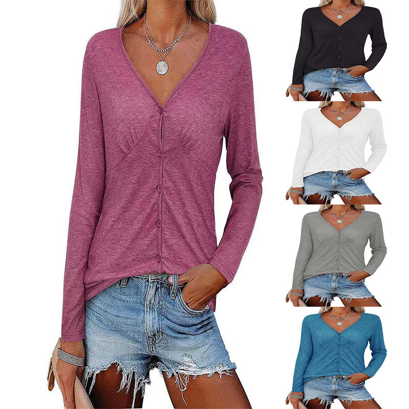 Women's Long-Sleeve Blouse with V-Neck and Button Details