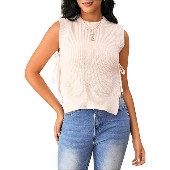 Women's Sleeveless Knit Top with Generous Cut and Tie Detail