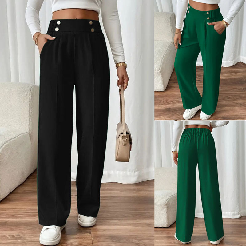Women's Elegant Wide-Leg Pants with Decorative Buttons