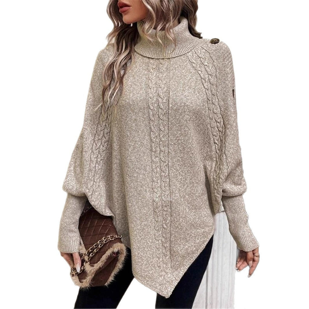 Women's Chunky Knit Sweater with Modern Mock Neck and Playful Button Details
