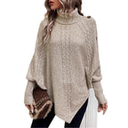 Women's Chunky Knit Sweater with Modern Mock Neck and Playful Button Details