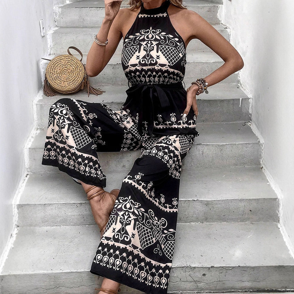 Women's Jumpsuit with Halter Design and Patterned Details