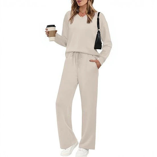 Women's Casual Lounge Set with V-Neck Sweatshirt and Loose Drawstring Pants