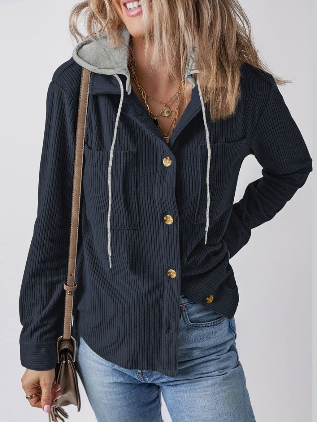 Women's Hooded Blouse with Textured Fabric and Practical Button Details