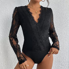 Women's Bodysuit with Romantic Lace and Deep V-Neck