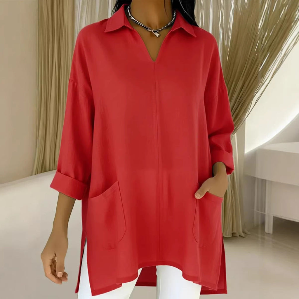 Women's Long-Sleeve Blouse with V-Neck and Pockets