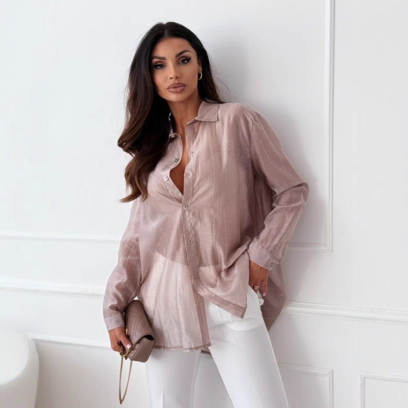 Women's Elegant Long-Sleeve Blouse with Fine Texture