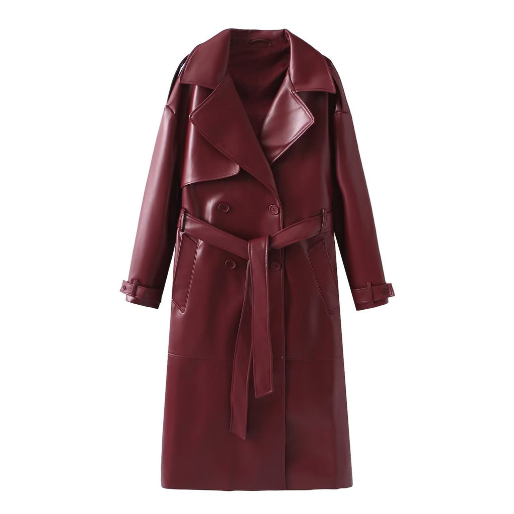 Women's Faux Leather Trench Coat with Elegant Cut and Belt