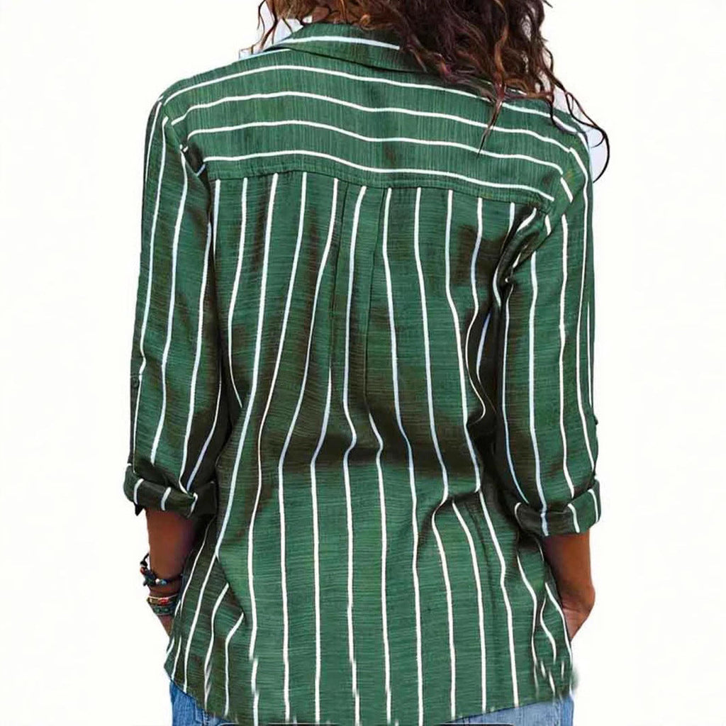Casual Women's Shirt Blouse with Vertical Stripes and Chest Pocket