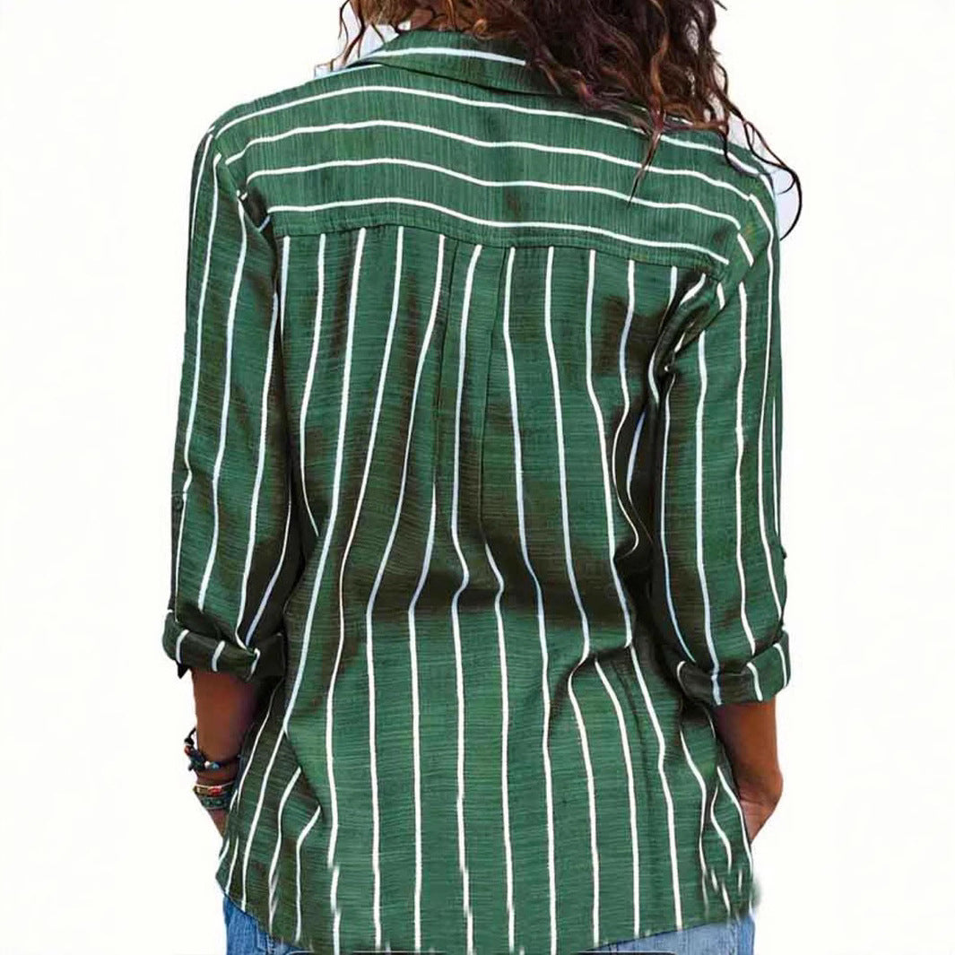 Casual Women's Shirt Blouse with Vertical Stripes and Chest Pocket