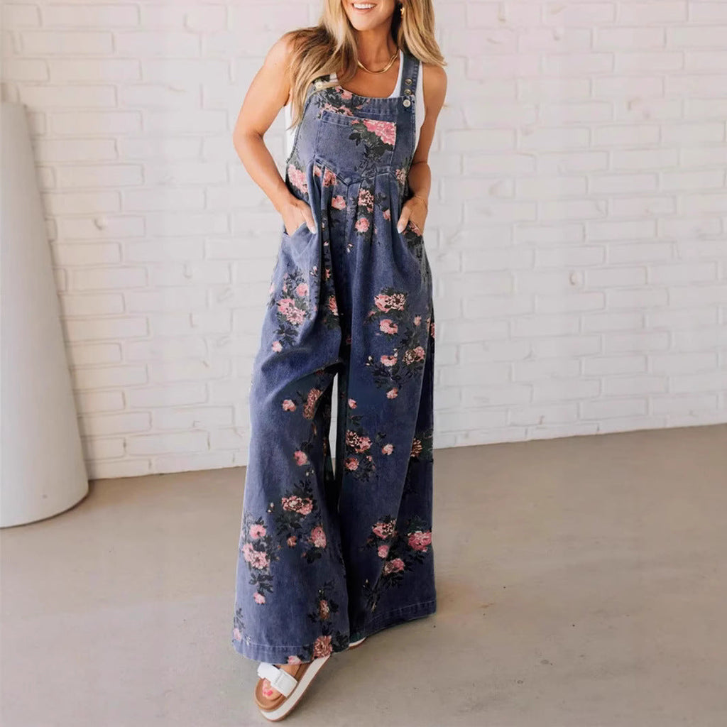 Women's Casual Denim Jumpsuit with Floral Print and Wide Legs