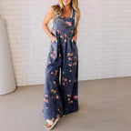 Women's Casual Denim Jumpsuit with Floral Print and Wide Legs