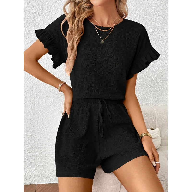 Women's Short-Sleeve Overall with Ruffle Details and Tie Belt