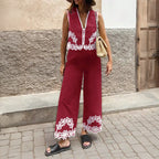 Women's Casual Two-Piece Summer Ensemble with Floral Crochet Trim