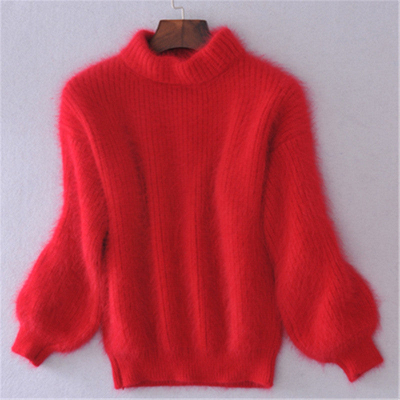 Women's fluffy turtleneck pullover with puff sleeves and textured design