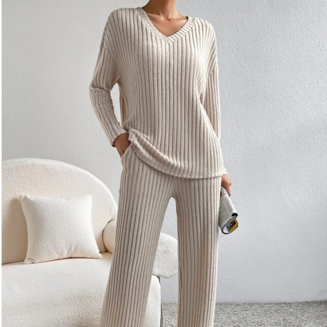 Women's Casual Ribbed Loungewear Set with V-Neck