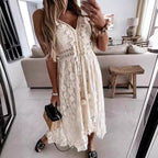 Boho Maxi Dress with Lace Accents and Decorative Tassels