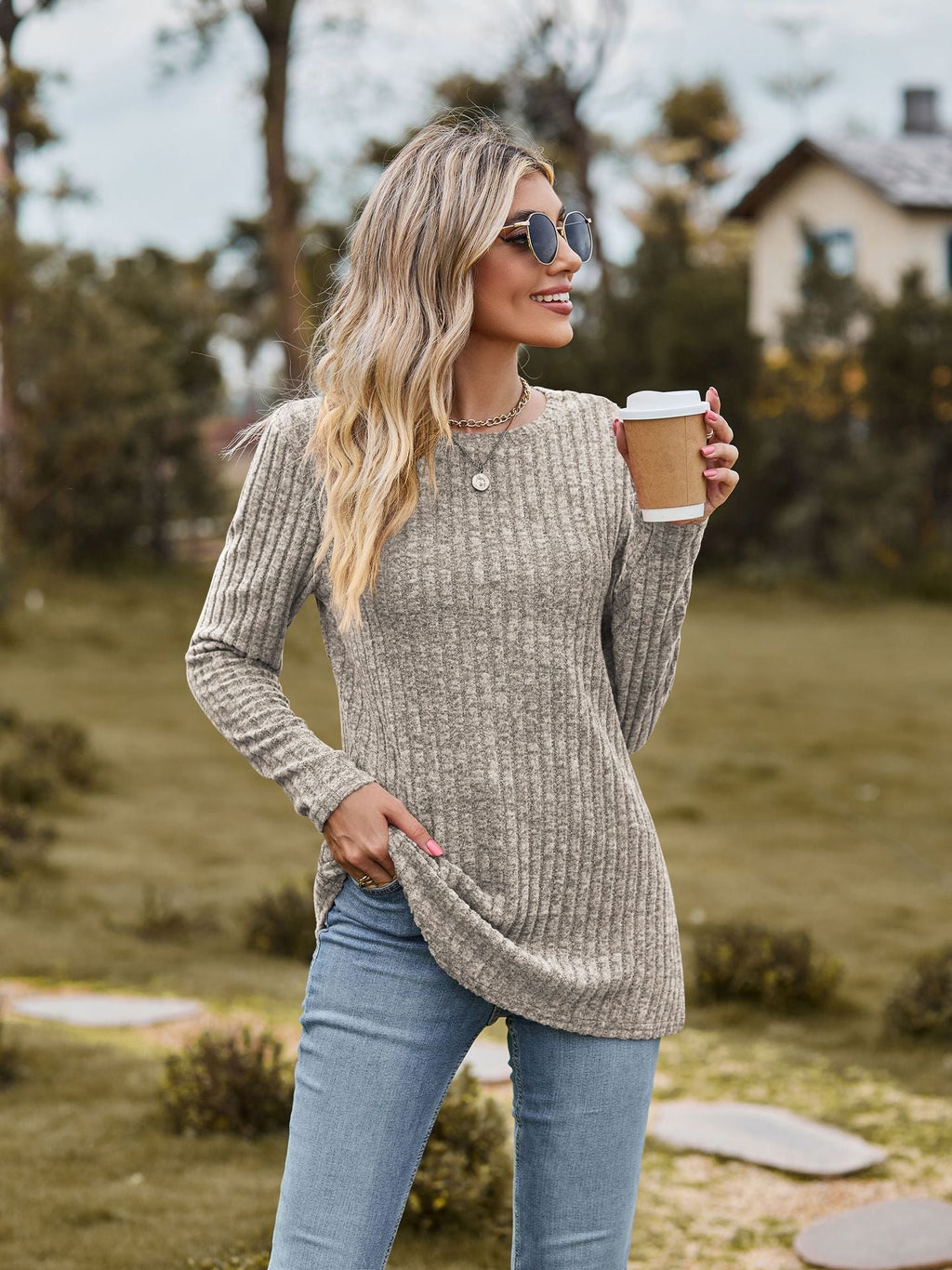 Women's Fine Knit Sweater with Ribbed Design and Relaxed Fit
