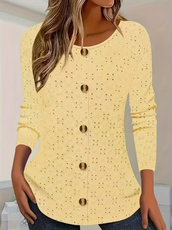 Women's Long-Sleeve Blouse with Decorative Buttons and Delicate Eyelet Pattern