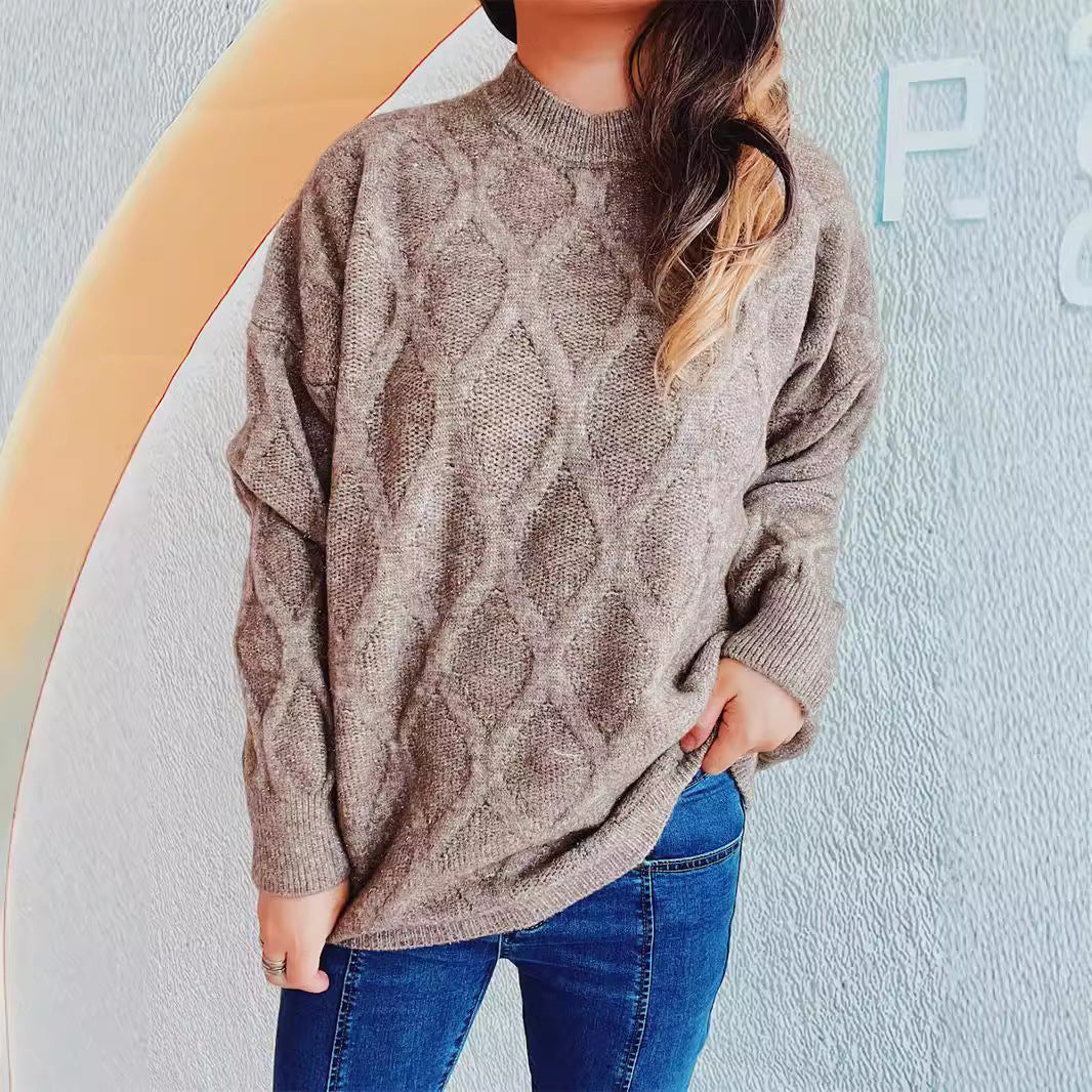 Women's Chunky Knit Sweater with Diamond Pattern and Voluminous Sleeves