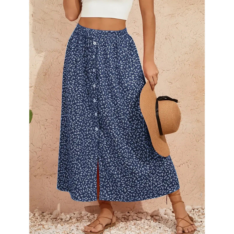 Women's Maxi Skirt with Floral Design and Button Details
