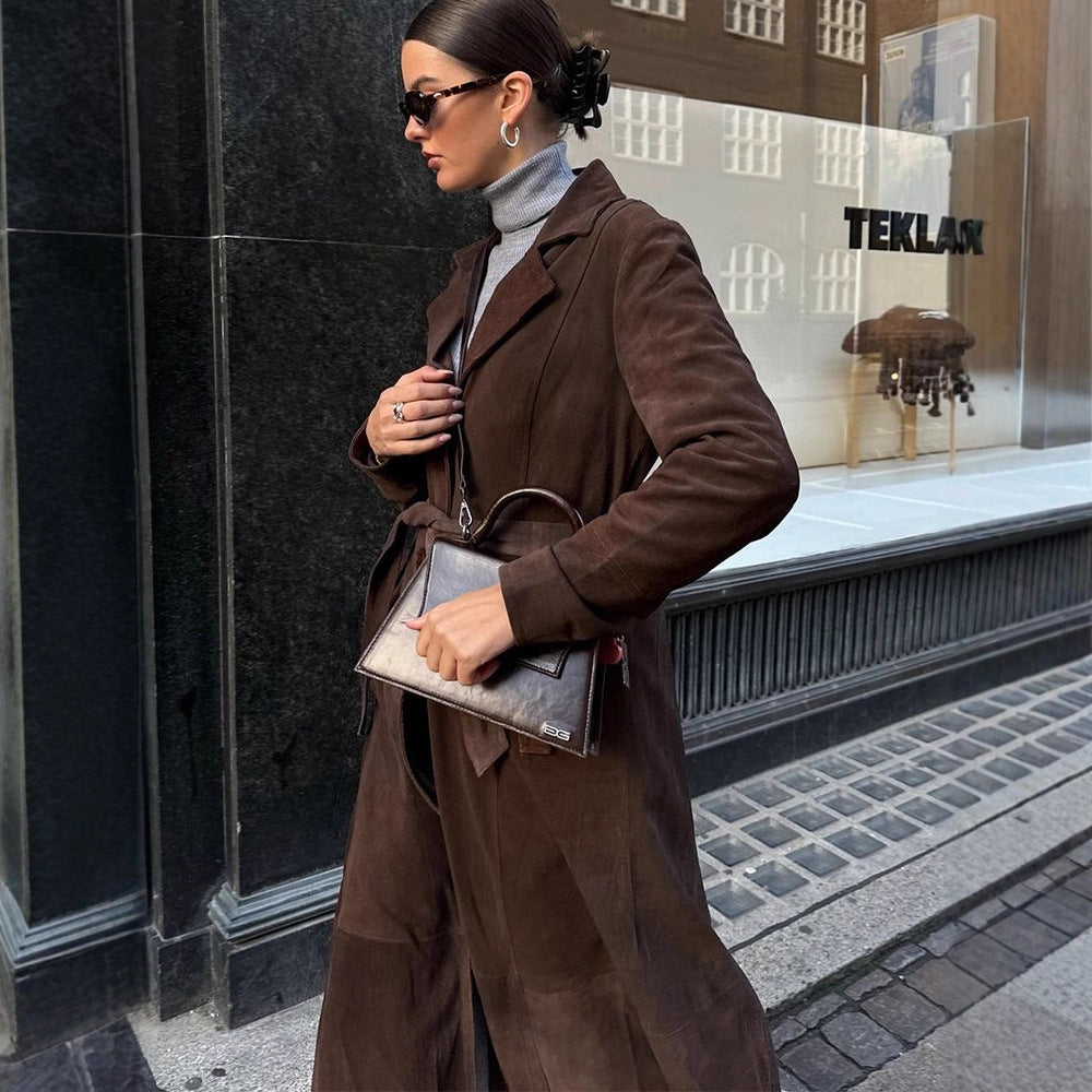 Elegant Suede Coat with Waist Belt