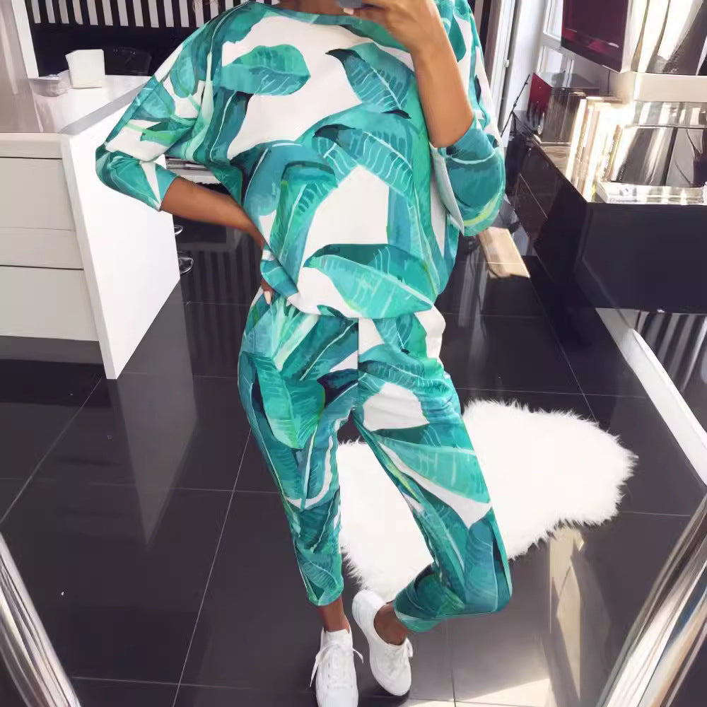 Women's Casual Suit with Floral Print and Pockets