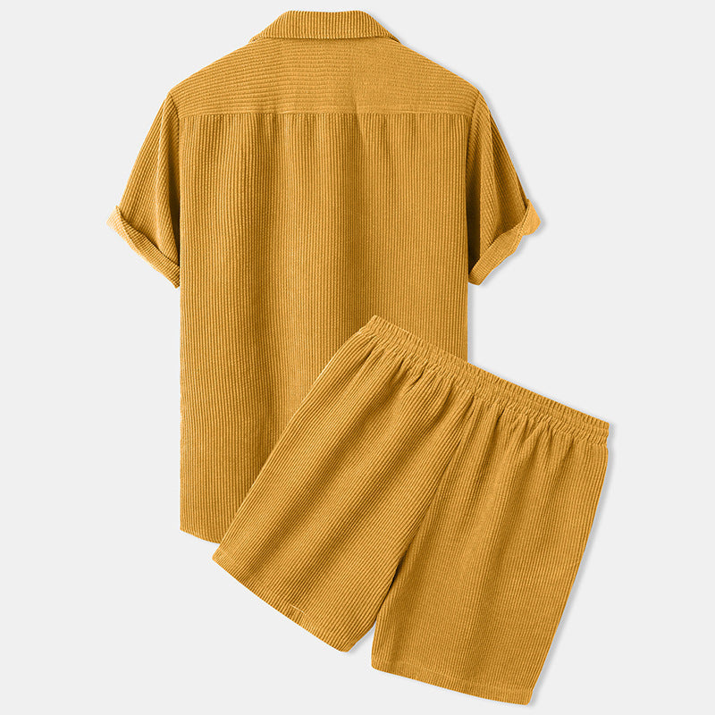 Men's short-sleeve leisure set with waffle texture, lapel collar and drawstring pants