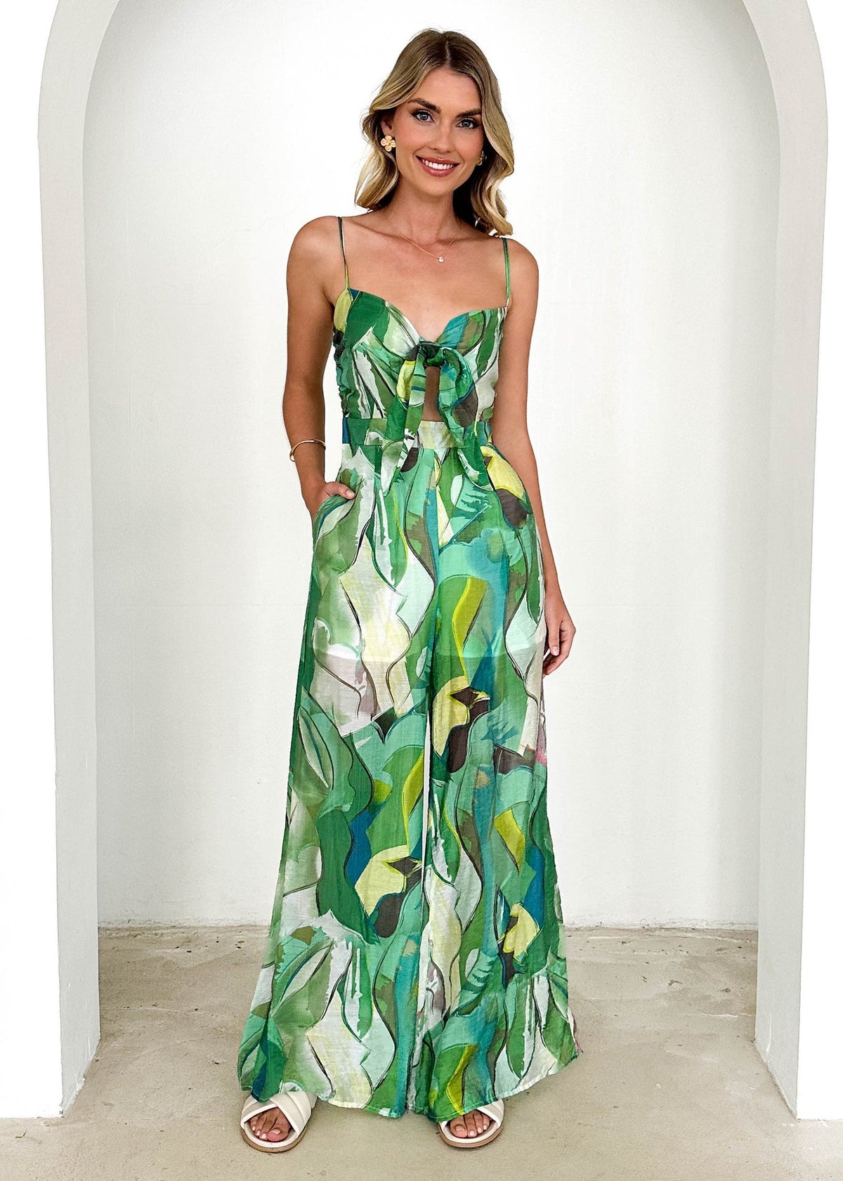 Women's Jumpsuit with Playful Knot Detail and Colorful Pattern