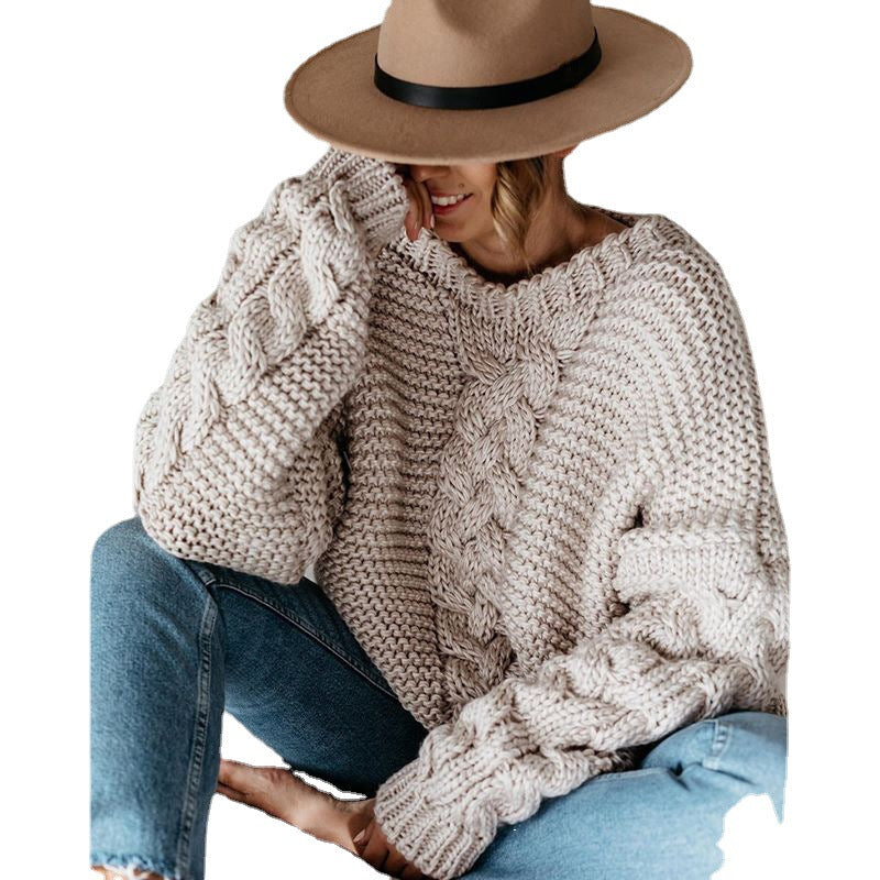 Women's Chunky Knit Sweater with Decorative Cable Details and Relaxed Fit