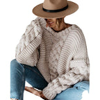Women's Chunky Knit Sweater with Decorative Cable Details and Relaxed Fit