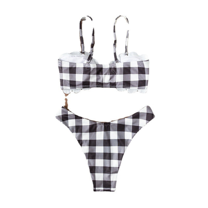 Women's Bandeau Bikini with Elegant Ruffle Detail and Plaid Pattern