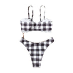 Women's Bandeau Bikini with Elegant Ruffle Detail and Plaid Pattern