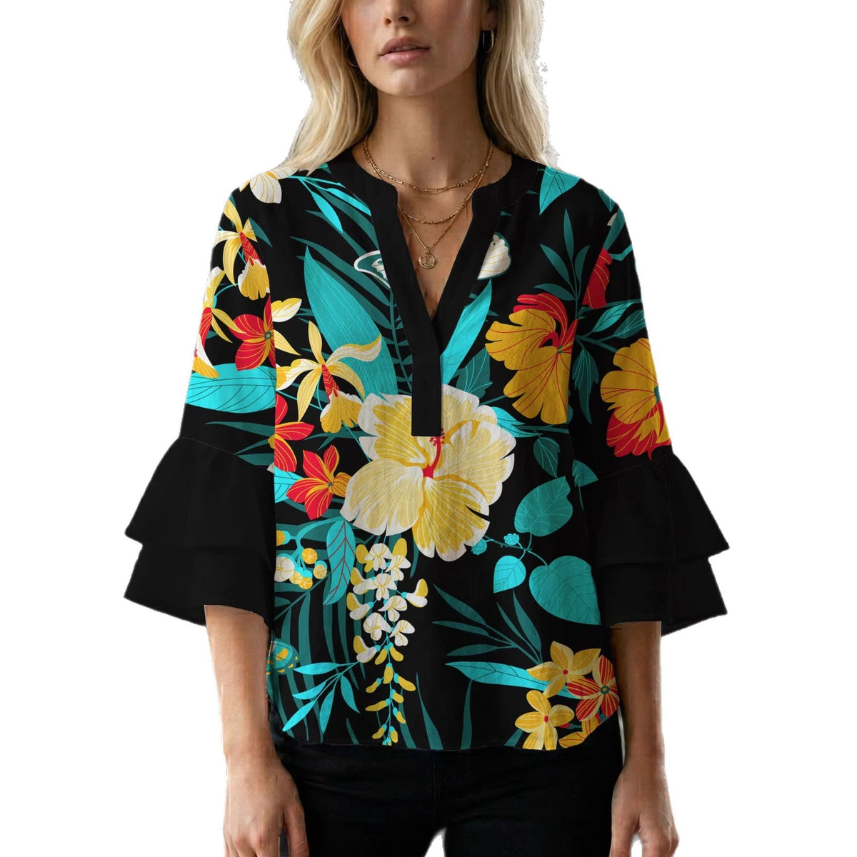 Women's Floral Blouse with Voluminous Sleeves