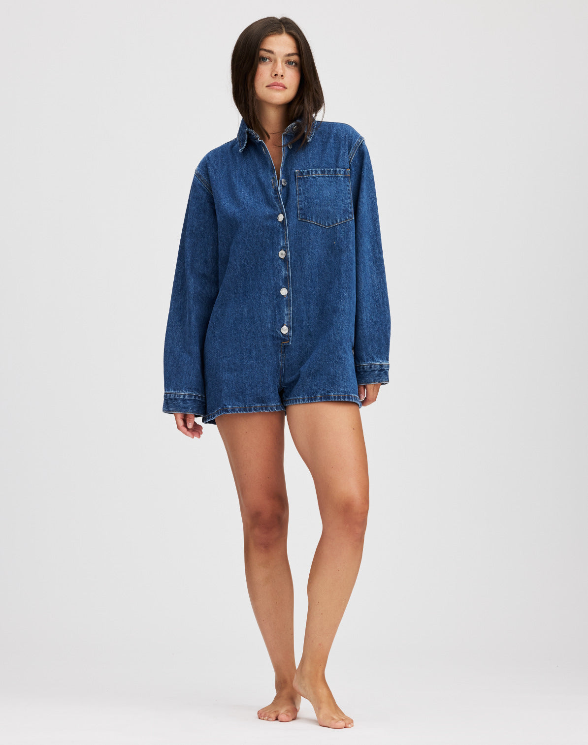 Women's Short-Sleeve Denim Jumpsuit with Pockets