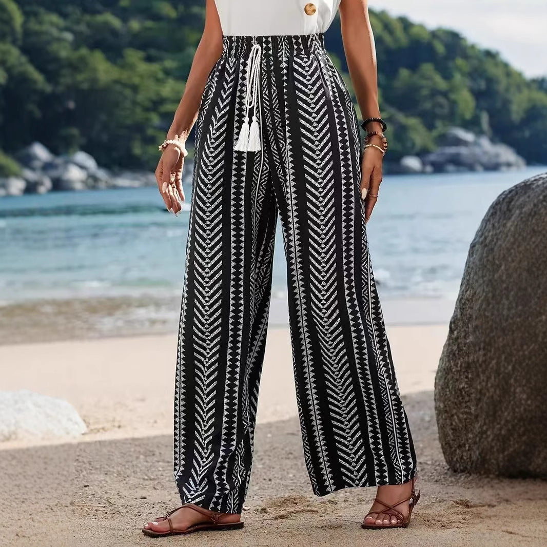 Women's Wide-Leg Palazzo Pants with Elastic Waist and Pattern
