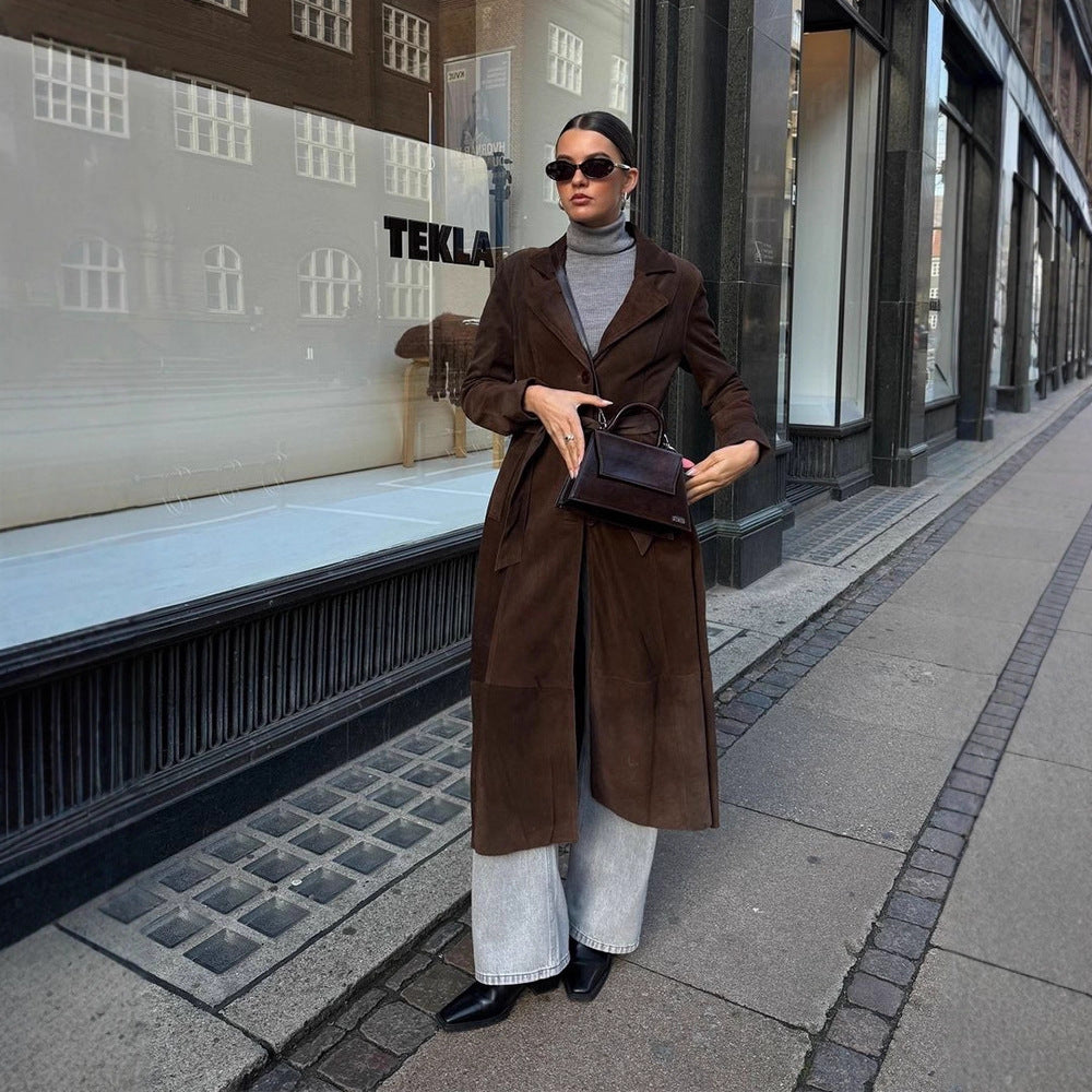 Elegant Suede Coat with Waist Belt