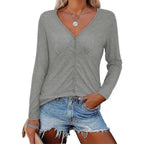 Women's Long-Sleeve Blouse with V-Neck and Button Details