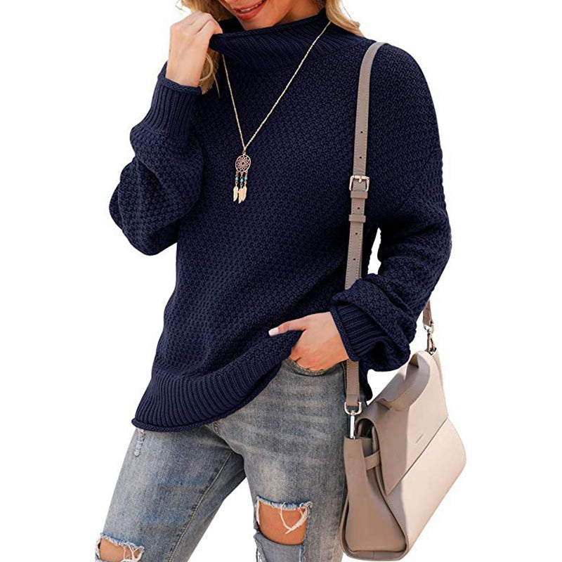 Women's Chunky Knit Sweater with High Collar and Textured Surface