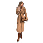 Women's Elegant Wool Coat with Waist Belt and Slit Details