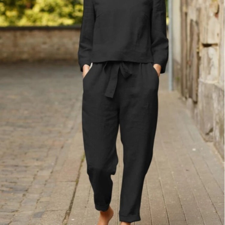 Women's Linen Set with Cropped Top and Elastic Waist