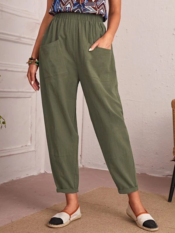 Women's Comfortable Casual Cargo Pants with Elastic Waist and Pockets